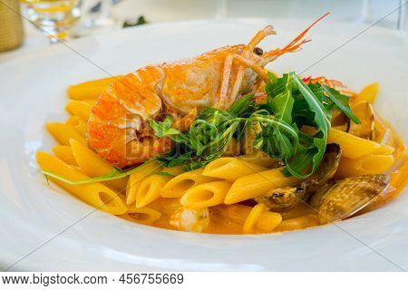 Pasta With Seafood On A Plate, Very Tasty Food
