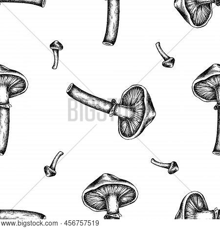 Seamless Pattern With Black And White Honey Agaric Stock Illustration