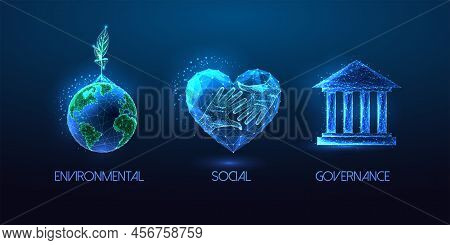 Concept Of Environmental Social Governance Esg In Futuristic Glowing Symbols On Dark Blue Backgound