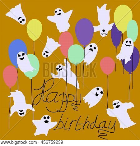 Happy Birthday Card With Funny Little Ghosts And Balloons