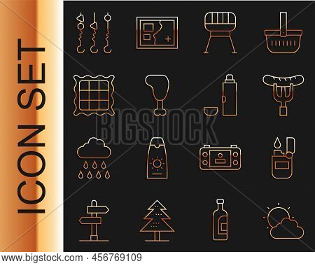 Set Line Sun And Cloud Weather, Lighter, Sausage On Fork, Barbecue Grill, Chicken Leg, Checkered Nap