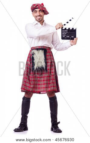 Scotsman mit Film Board auf weiß