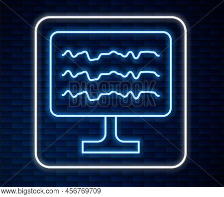 Glowing Neon Line Encephalogram Icon Isolated On Brick Wall Background. Electrical Activity. Vector