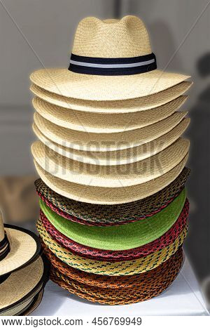 Big Group Of Authentic Panama Hats Or Paja Toquilla Hats Made From Straw At Craft Market In Cuenca, 