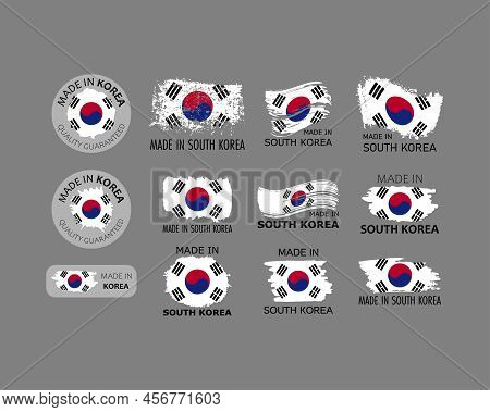 Set Of Stickers Made In South Korea With Korean Flag. Factory, Manufacturing And Production Country 