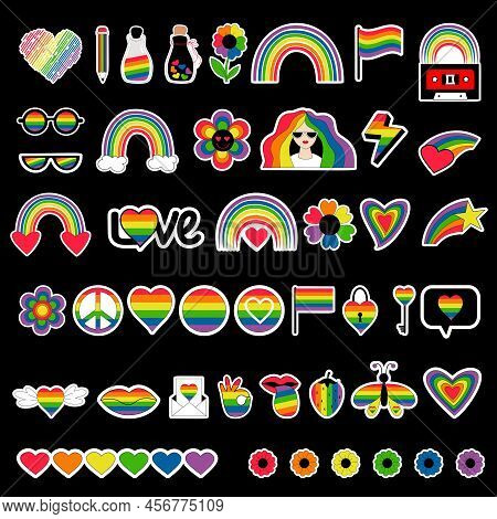 Big Set Stickers Symbols Of Lgbt Community. Lgbtq Pride Month Vector Icons, Lesbian, Pride Flags, Re