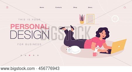 Happy Cartoon Woman Chatting, Working, Surfing Internet At Home. Flat Vector Illustration. Girl Doin