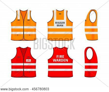 Safety Reflective Vest With Labels Tag Flat Style Design Vector Illustration Set. Red And Orange Flu