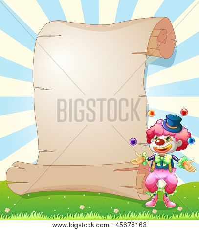 Ilustrace klauna žonglování vedle svitek papíru