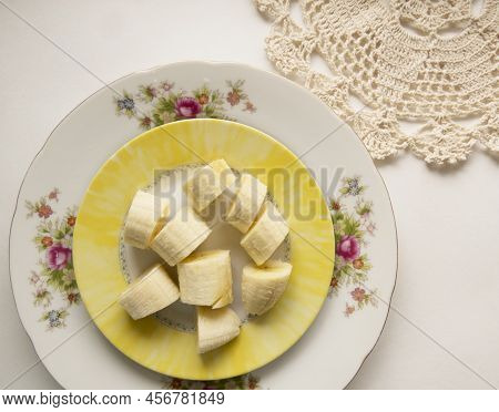 Banana Bunch And Peeled Pieces  Photo Tropical Fruits, Banana Snack Or Vegetarian Nutrition.  Top Vi