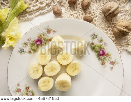 Banana Bunch And Peeled Pieces  Photo Banana And Nuts Tropical Fruits, Banana Snack Or Vegetarian Nu