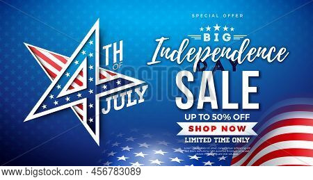 Fourth Of July Independence Day Sale Banner Design With American Flag Pattern 3d Star Symbol On Blue