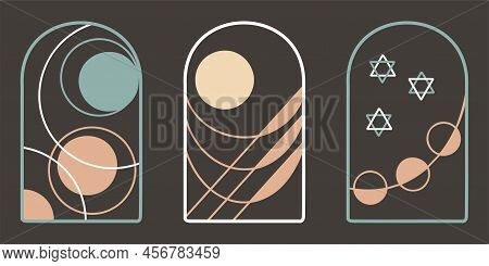 Boho Magic Abstract Simple Posters, Arch Windows Set. Bohemian Sun, Moon, Lines, Stars. Minimalistic