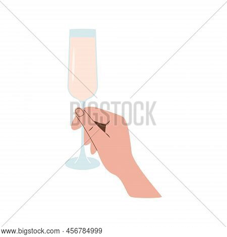 Female Or Male Hand Holding Glass Of Prosecco Champagne Or Mimosa Cocktail. Flute Tulip Glass With S