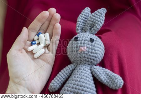 Pregnant Womans Hand With Vitamins And A Gray Hare. Pregnant Health Concept, Expectation Of The Chil