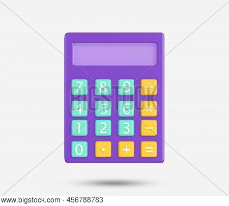 Calculator 3d icon. Purple digital calculator on the top view white background. Calculating, Account