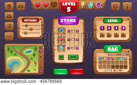 Game Ui Kit. Cartoon Menu And Interface Constructor Asset, Rpg Game Elements, Map Level Character In