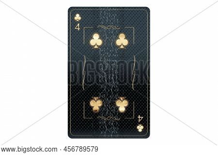 Casino Concept, Clubs 4 Playing Cards, Black And Gold Design On White Background. Gambling, Luxury S