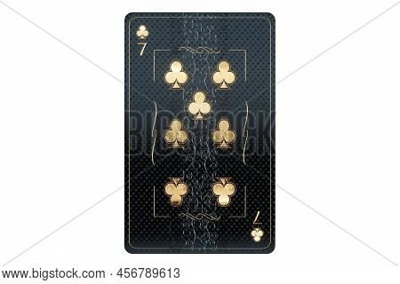 Casino Concept, Clubs 7 Playing Cards, Black And Gold Design On White Background. Gambling, Luxury S
