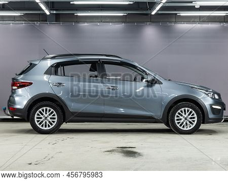 Novosibirsk, Russia - February 09, 2022: Blue  Kia Rio , Side View. Suv  Car   On A Parking