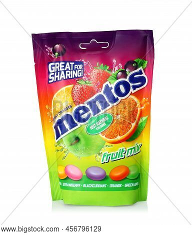 Kiev, Ukraine - May 02, 2022: Mentos Multicolored Fruit Candies Package On White Background. Mentos 
