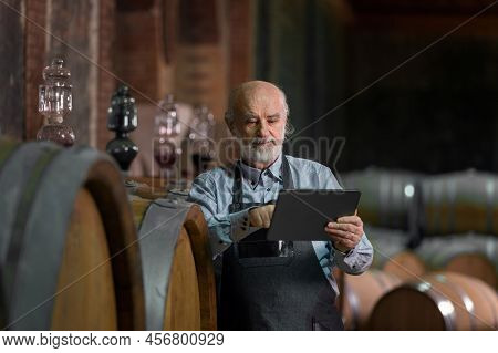 Caucasian Senior Man, A Graybeard Winemaker With Apron Checking Big Wooden Barrels In A Wine Cellar 