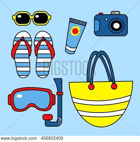 Vacation Vibe. This Is A Set Of Essential Items For A Beach Holiday. Illustration In A Flat Style.