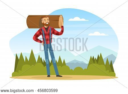 Bearded Man Lumberjack Or Woodman In Red Checkered Shirt Carrying Log On His Shoulders Vector Illust