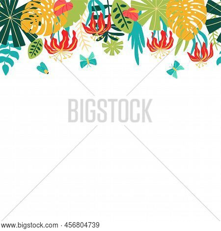 Jungle Floral Frame. Tropical Leaves, Palm Leaves, Frame Nature Background. Bright Rainforest Card W