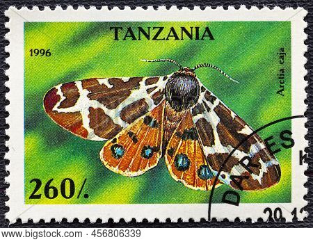 Tanzania - Circa 1996: A Stamp Printed In Tanzania Shows Image Of An Io Moth Automeris Io .