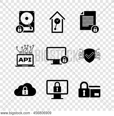 Set Hard Disk Drive And Lock, Retro Wall Watch, Document, Cloud Computing, Lock On Monitor And Credi