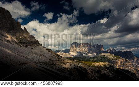 Mountains In Italys Famous Dolomites With Dramatic Sky