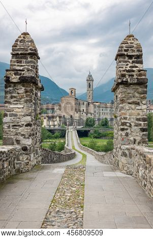 Bobbio, Italy , The Old Bridge (also Known As The Devil's Bridge) Over The Trebbia River, With The C