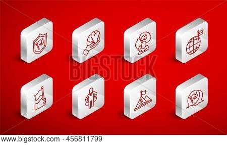 Set Line Flag, Hand Holding Earth Globe, Man Flag, Planet With, Mountains, Shield, Head Hunting And 