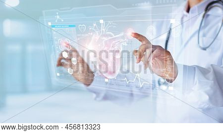 Medicine Doctor And Stethoscope Touching Icon Heart And Diagnostics Analysis Medical On Modern Virtu