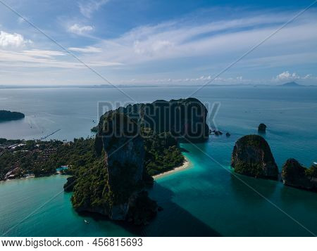 Railay Beach Krabi Thailand, The Tropical Beach Of Railay Krabi, Panoramic View Of Idyllic Railay Be