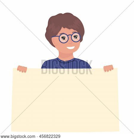Happy Child Holding Poster With Place For Text. Smiling Child With Paper Poster. Isolated Vector Ill