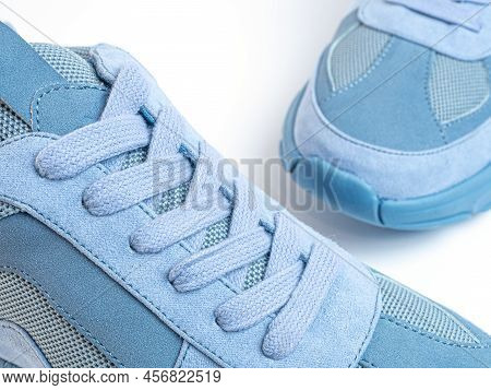 Shoestrings Of Blue Color Pattern. Closeup Lacing Background Texture For Design. Shoelaces, Shoestri