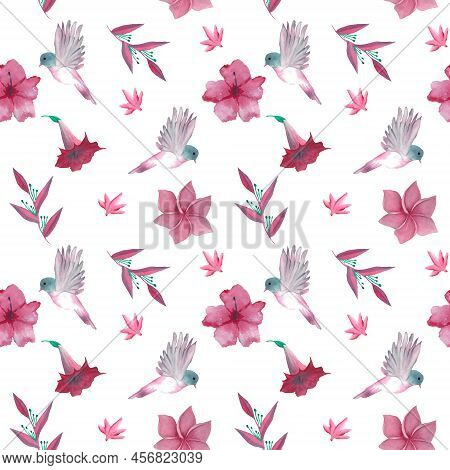 Ecotic Watercolor Pattern With Flowers And Birds For Textile Designe And Home