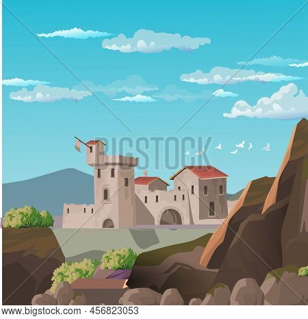 Postcard With A Beautiful Landscape. Mountains, Rocks, Ancient European Castle, Ancient Fortress In 