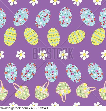 Seamless Vector Easter Eggs, Daises And Leaves Pattern Background. Suitable For Easter Holiday, Cele