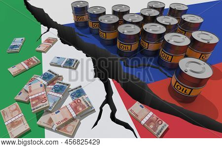 Oil Barrels And Money On Background Of The Flags Of Russia And Italy. World Financial Sanctions On R