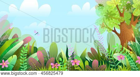 Forest Or Jungle Wallpaper With Tree And Colorful Foliage, With Copyspace For Text. Children Forest 
