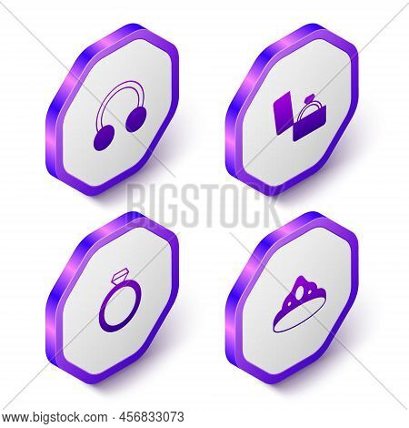 Set Isometric Piercing, Diamond Engagement Ring Box, And King Crown Icon. Purple Hexagon Button. Vec