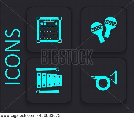 Set Trumpet, Guitar Amplifier, Maracas And Xylophone Icon. Black Square Button. Vector