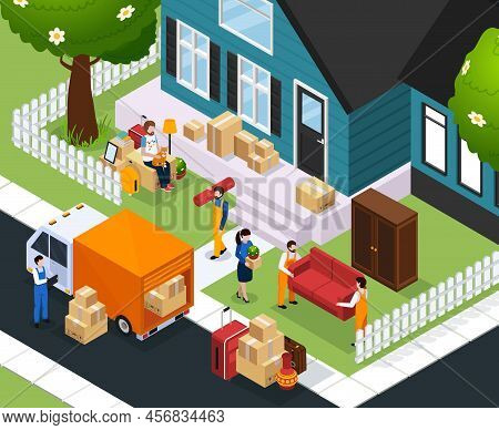 Relocation Isometric Composition With People And Stuffs Near House, Loading Furniture And Boxes In T