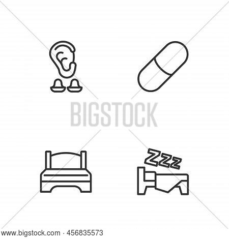 Set Line Time To Sleep, Big Bed, Earplugs And Ear And Sleeping Pill Icon. Vector