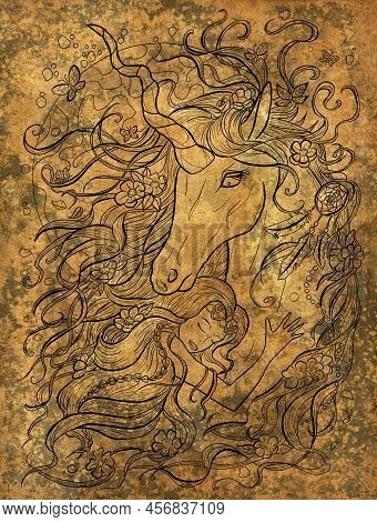 Fantasy Illustration With Hand Drawn Beautiful Fairy Girl Or Princess And Magic Unicorn Horse With N