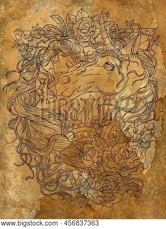 Fantasy Illustration With Hand Drawn Beautiful Fairy Girl Or Princess And Magic Unicorn Horse With N