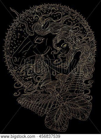 Fantasy Illustration With Hand Drawn Beautiful Fairy Girl Or Princess And Magic Unicorn Horse With N